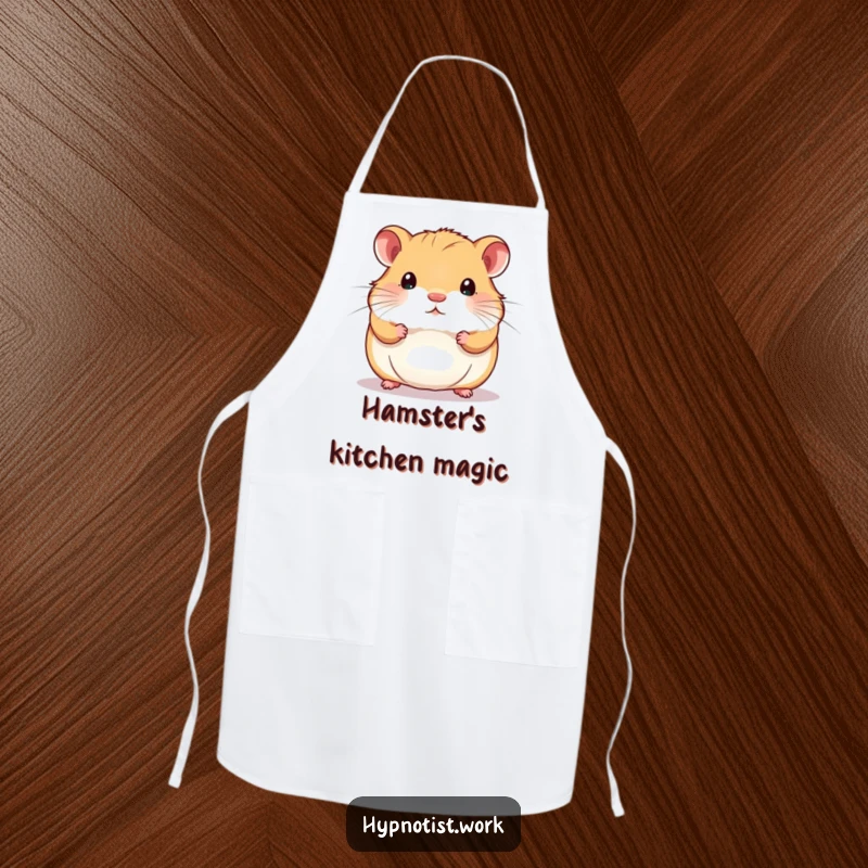 Funny apron depicting a chubby hamster staring intently at a shimmering, swirling pattern, for a humorous kitchen experience.