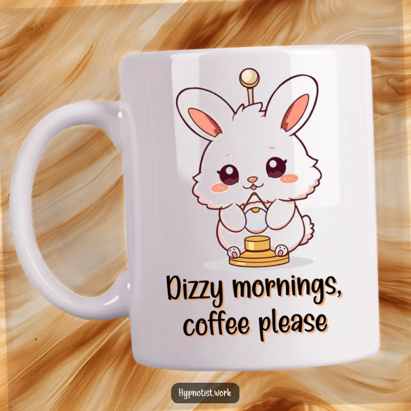 Funny mug featuring a fluffy bunny with swirly eyes spinning with a small pendulum, capturing a moment of dizzying fun.