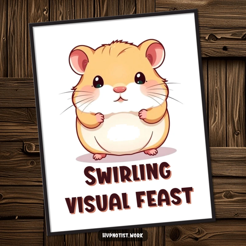 Funny digital art print of a chubby hamster staring intently at a shimmering, swirling pattern, offering instant humorous decor.