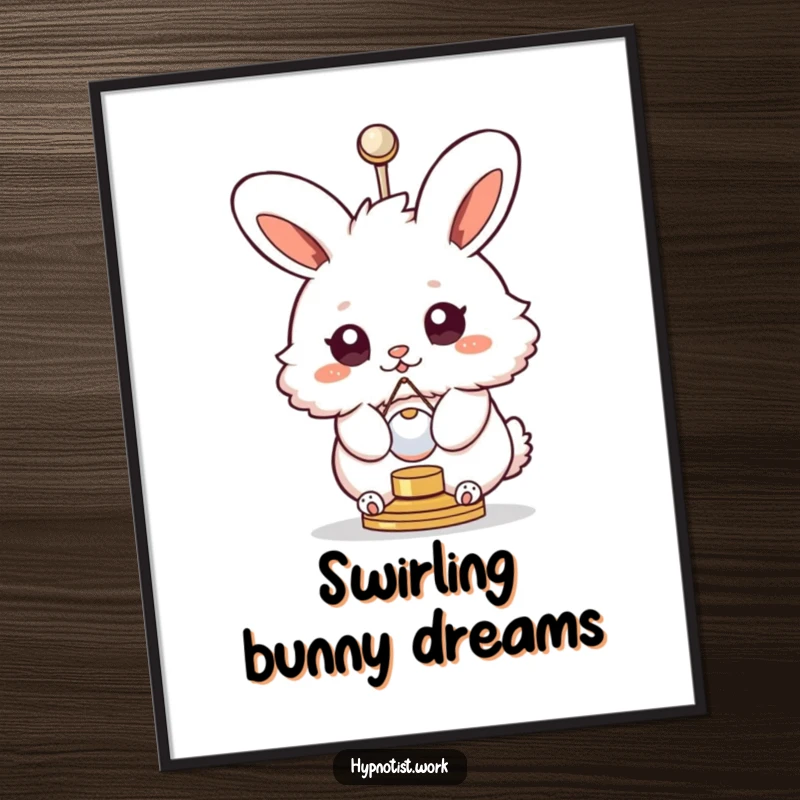 Funny digital art print of a fluffy bunny with swirly eyes spinning with a pendulum, offering instant humorous wall decor.