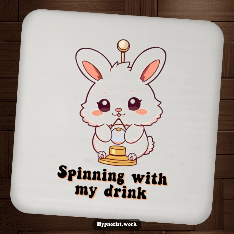 Funny coaster with a fluffy bunny with swirly eyes spinning with a pendulum, offering surface protection with a humorous design.