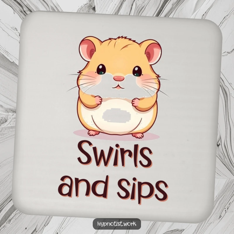 Funny coaster with a chubby hamster staring intently at a shimmering, swirling pattern, offering surface protection with humor.
