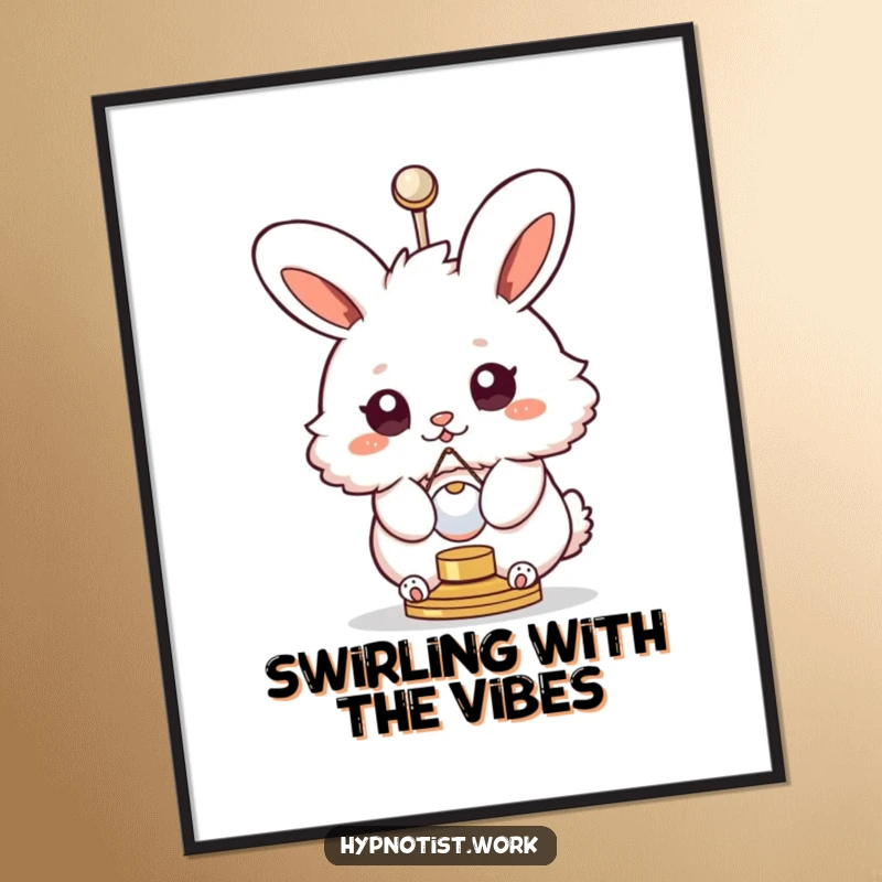 Funny poster illustrating a fluffy bunny with swirly eyes spinning with a pendulum, creating a humorous and mesmerizing wall display.