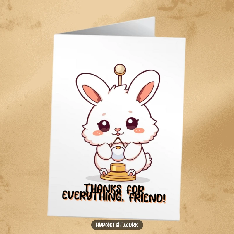 Funny Free Printable Thank You Card: A dizzying bunny with swirly eyes spins with a pendulum, offering a hilarious thank you.