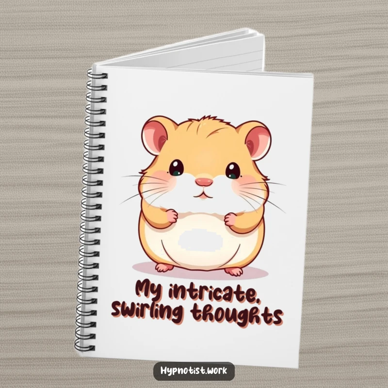 Funny notebook with a chubby hamster staring intently at a shimmering, swirling pattern, designed for jotting notes.