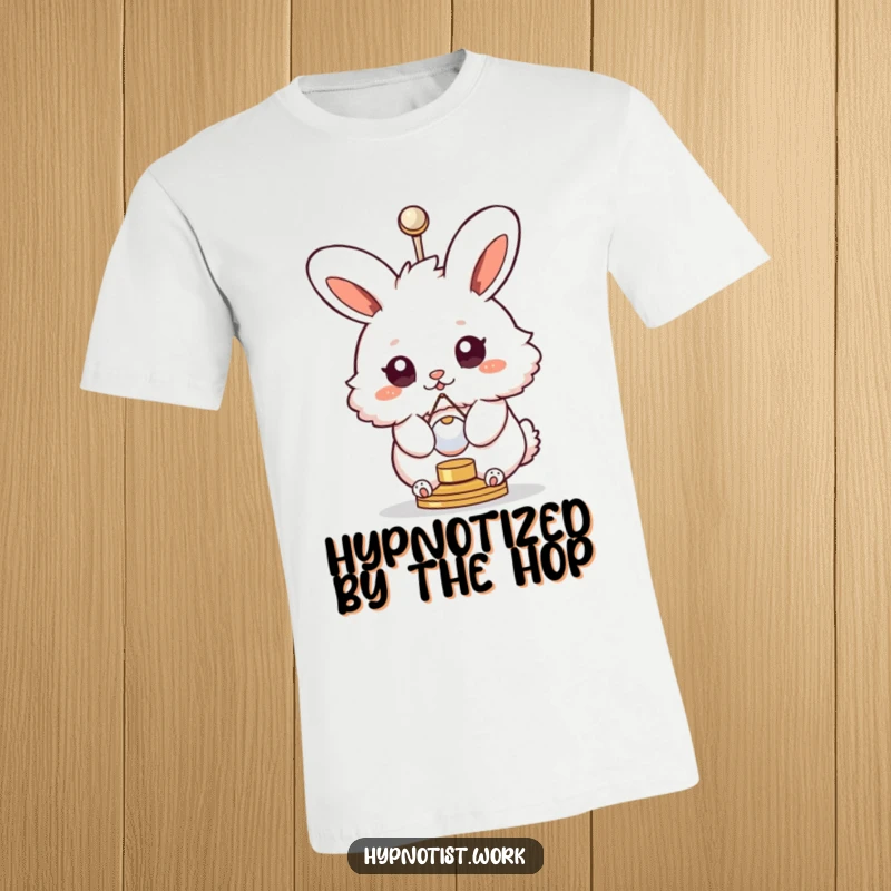 Funny t-shirt with a fluffy bunny having swirly eyes, spinning with a small pendulum, depicting a hilarious, mesmerizing scene.