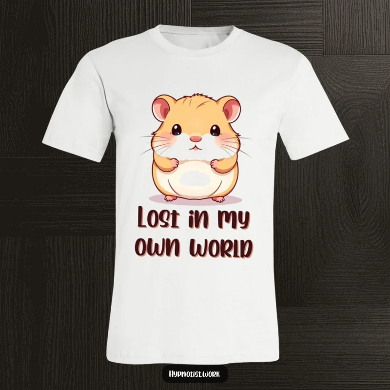 Funny t-shirt with a chubby hamster staring intently at a shimmering, swirling pattern, depicting a hilariously focused and cute scene.